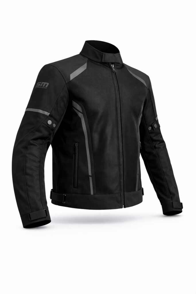 geaca moto potrivită probată de motociclist înainte de cumpărare