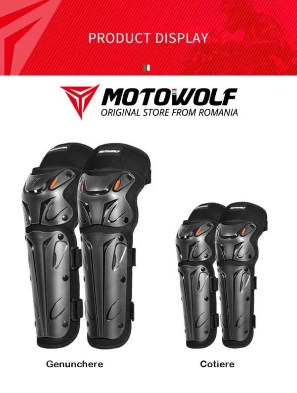 Set genunchiere și cotiere moto Motowolf, reglabile, prindere Velcro cu eliberare rapidă, ventilate, protecție Shell certificată CE, model 1010 Long